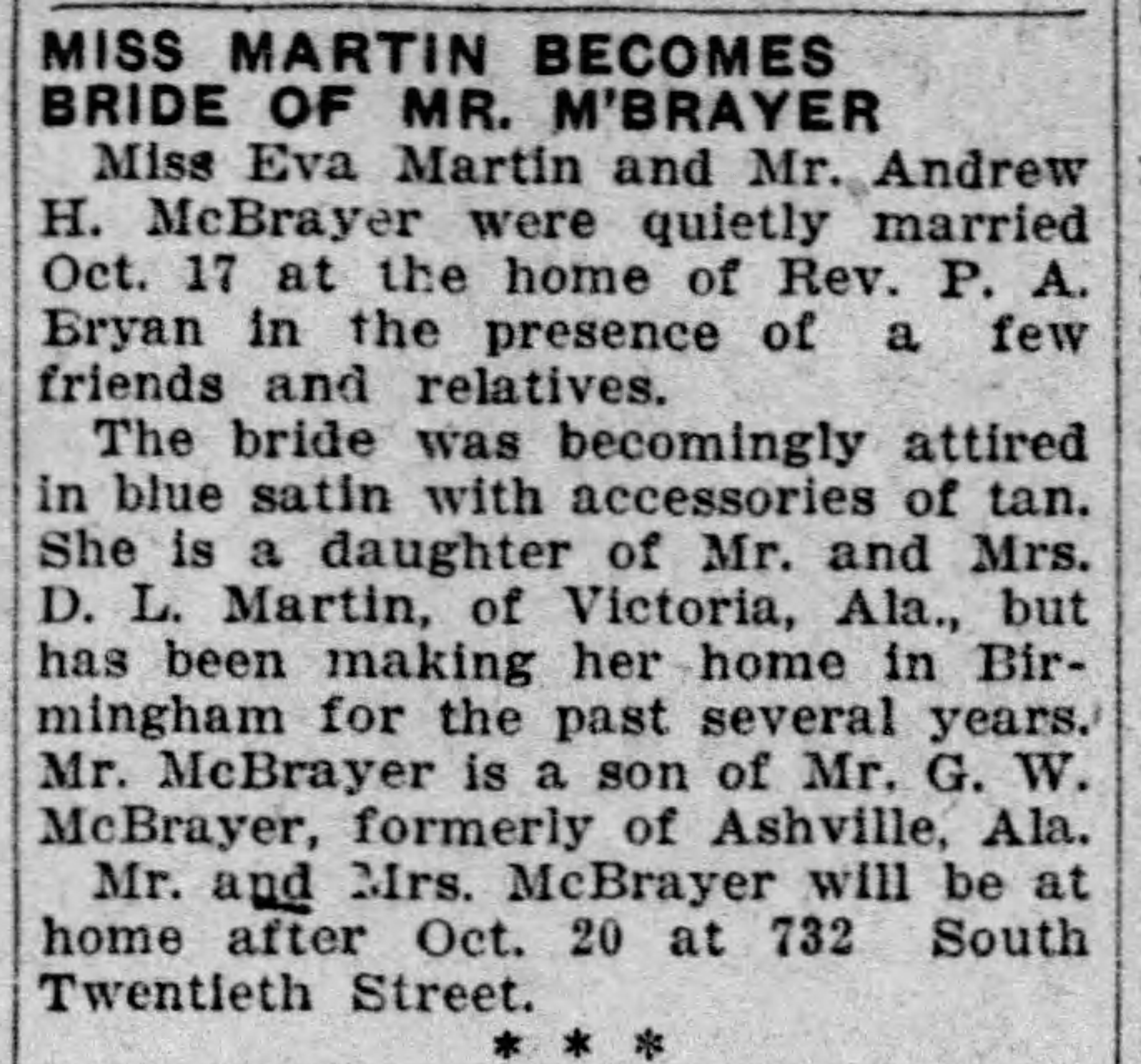 Miss Martin Becomes Bride of Mr. M'Brayer